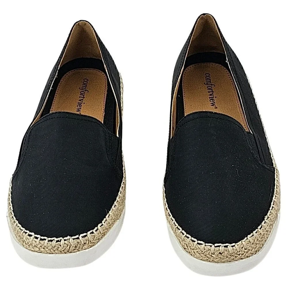 COMFORTVIEW Lara Black Canvas Slip-On Espadrille Flat Elastic Goring  8W